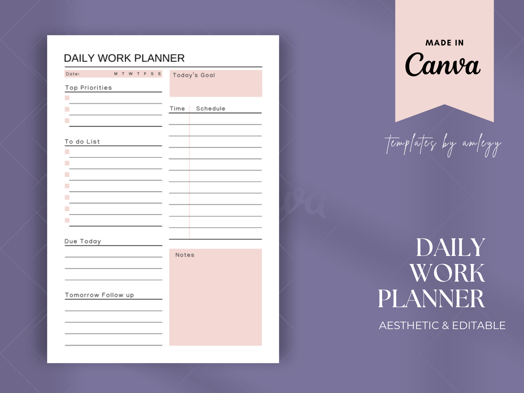 DAILY WORK PLANNER TEMPLATE CANVA