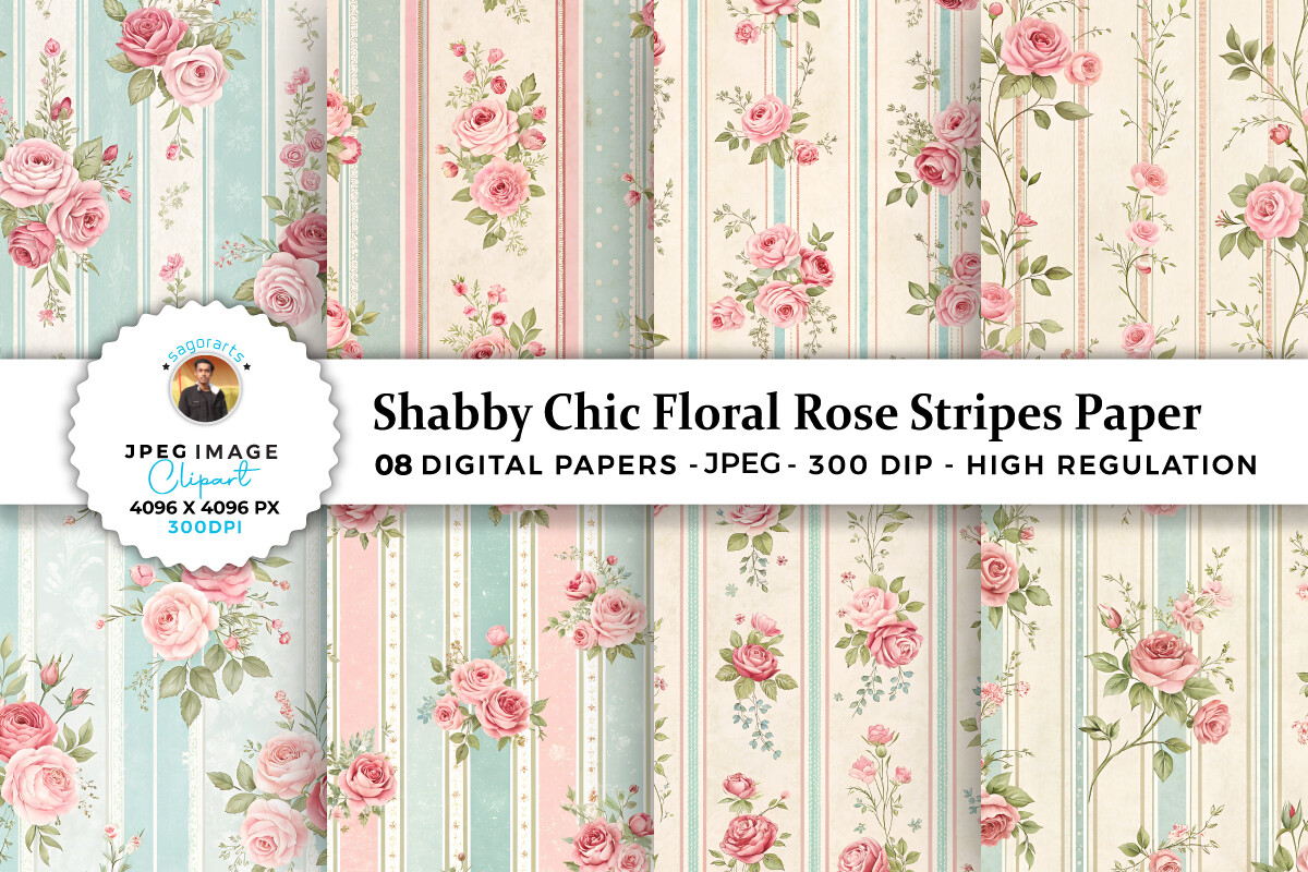 Shabby Chic Floral Rose Stripes Papers
