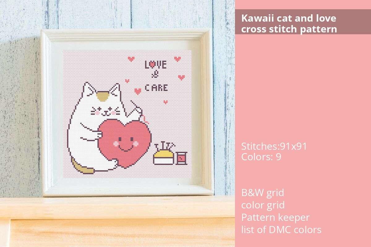Kawaii Cat and Love Cross Stitch Pattern