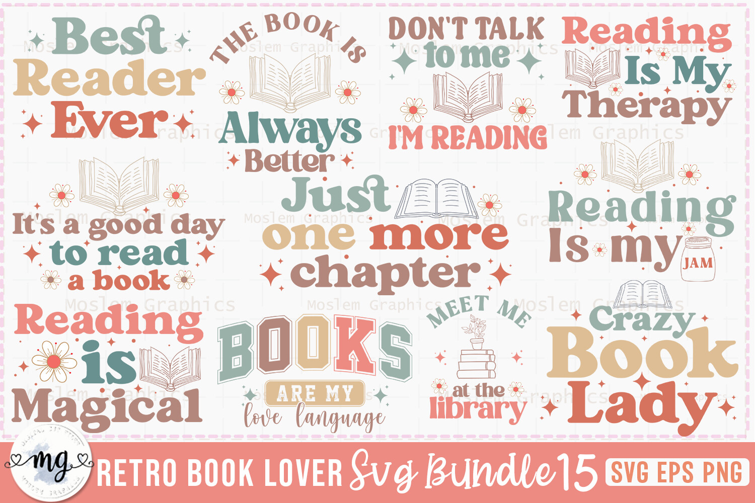 Retro Book Lover SVG Bundle Graphic by Moslem Graphics · Creative Fabrica