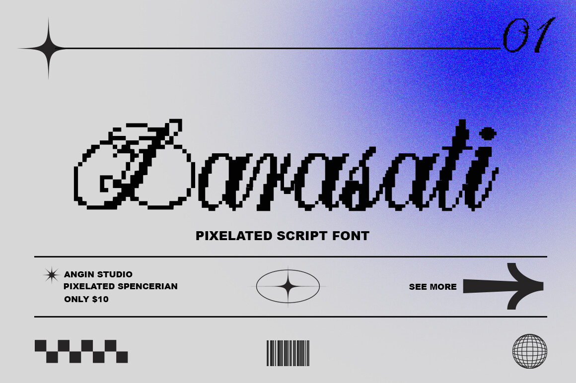 Larasati Pixelated preview, pixelated Spencerian script with flowing cursive