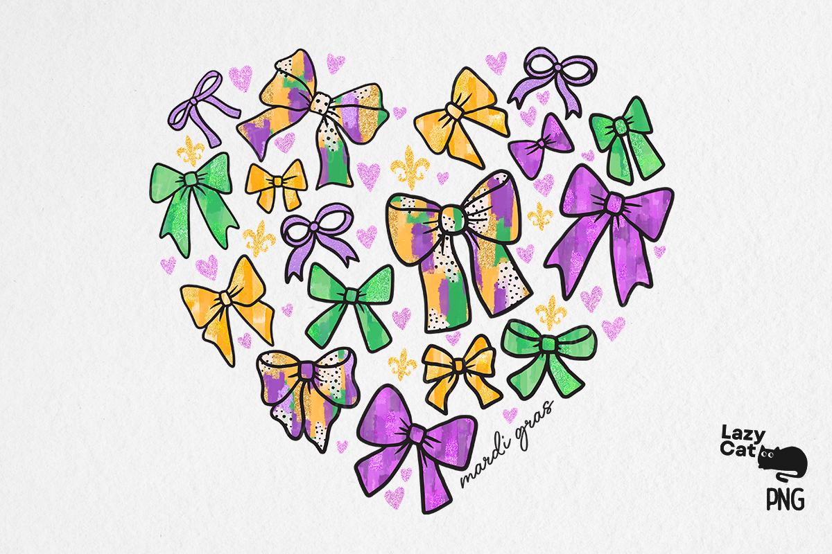 Mardi Gras Coquette Bow Heart PNG Graphic by Lazy Cat · Creative Fabrica