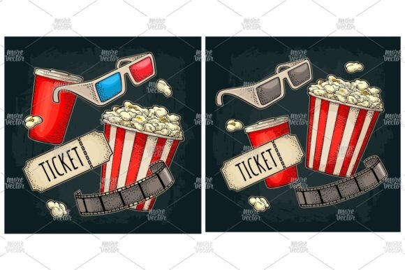 Popcorn Cup Ticket Film Strip Engraving Gráfico Ilustraciones Imprimibles Por morevector