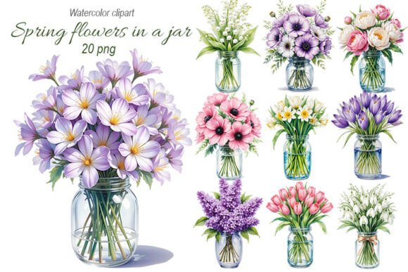Spring Flowers Bouquets in Jars Graphic Illustrations By StepanovaArt