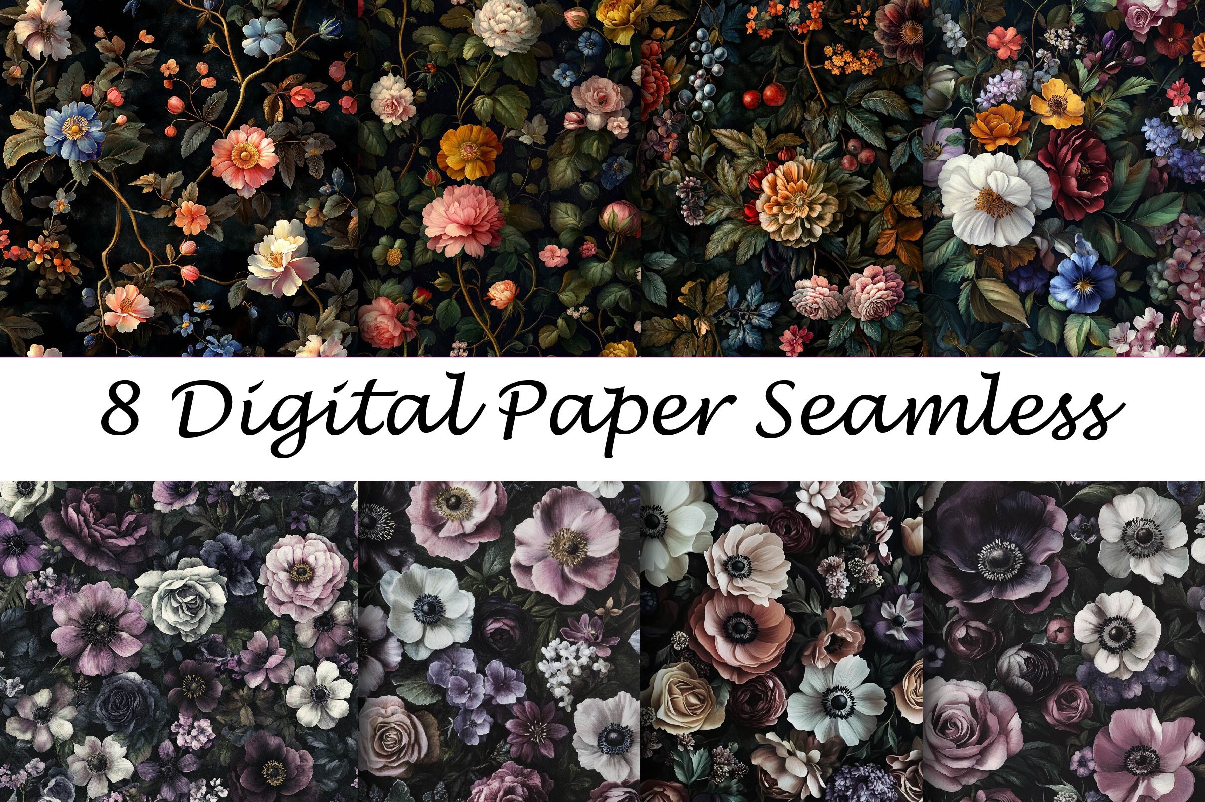 Pretty Paper Graphics Dark Ornate Floral Digital Paper Graphic by MOON CREATION · Creative ...