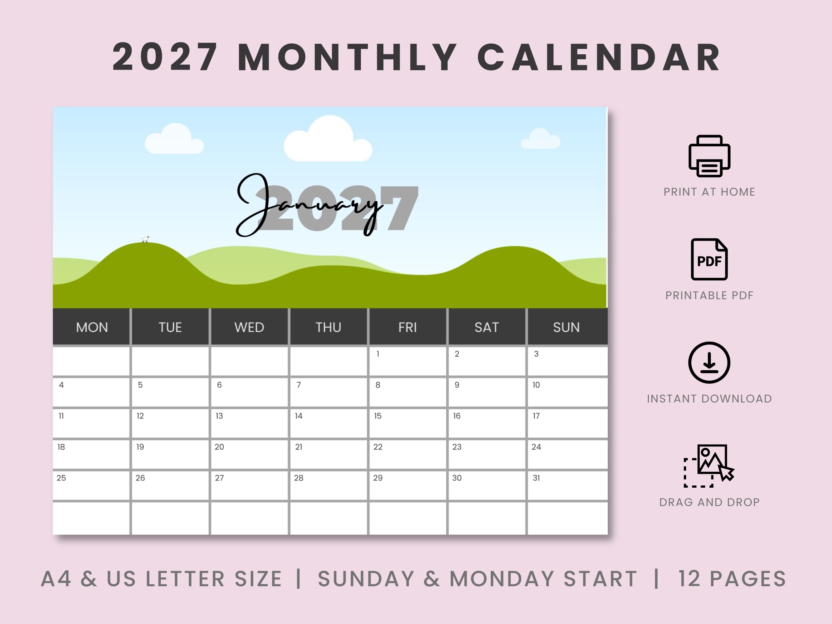 2027 Monthly Custom Canva Frame Calendar