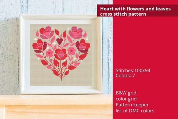 Heart with Flowers and Leaves X-stitch