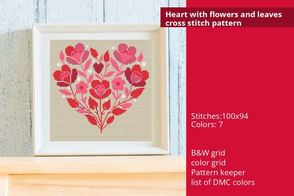 Heart with Flowers and Leaves X-stitch