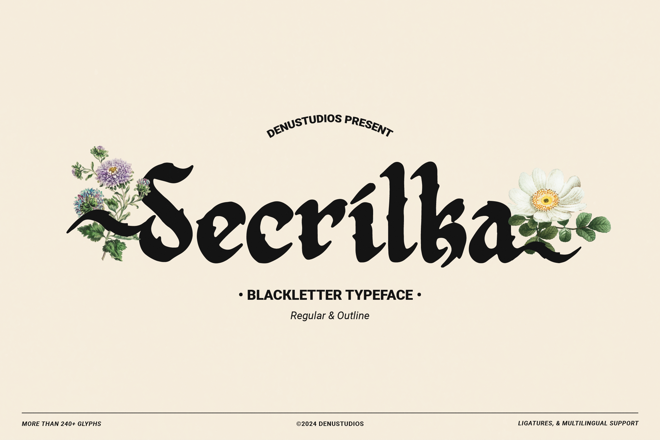 Secrilka Blackletter Typeface preview: feature rich blackletter with alternates and multilingual support