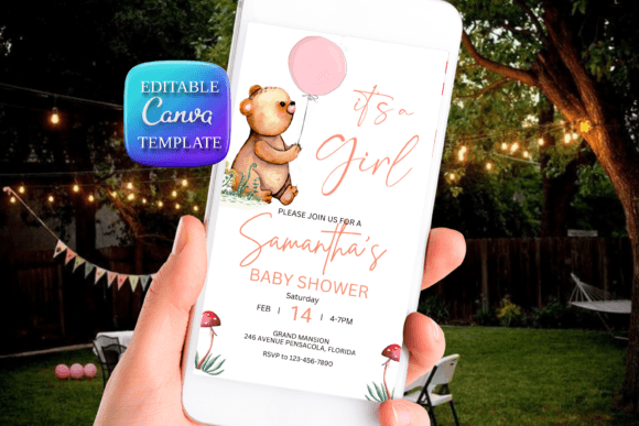 Bear Girl Baby Shower Invitation