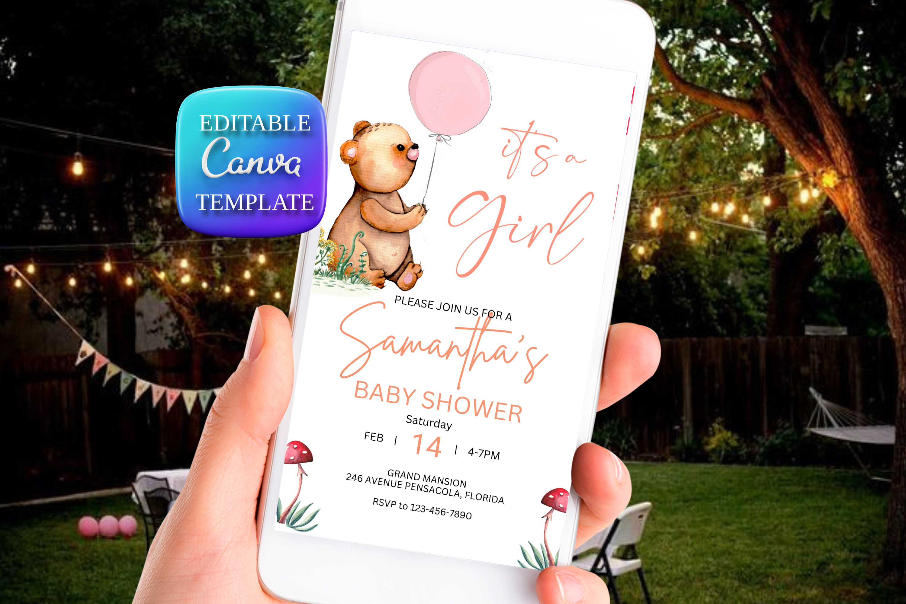 Bear Girl Baby Shower Invitation