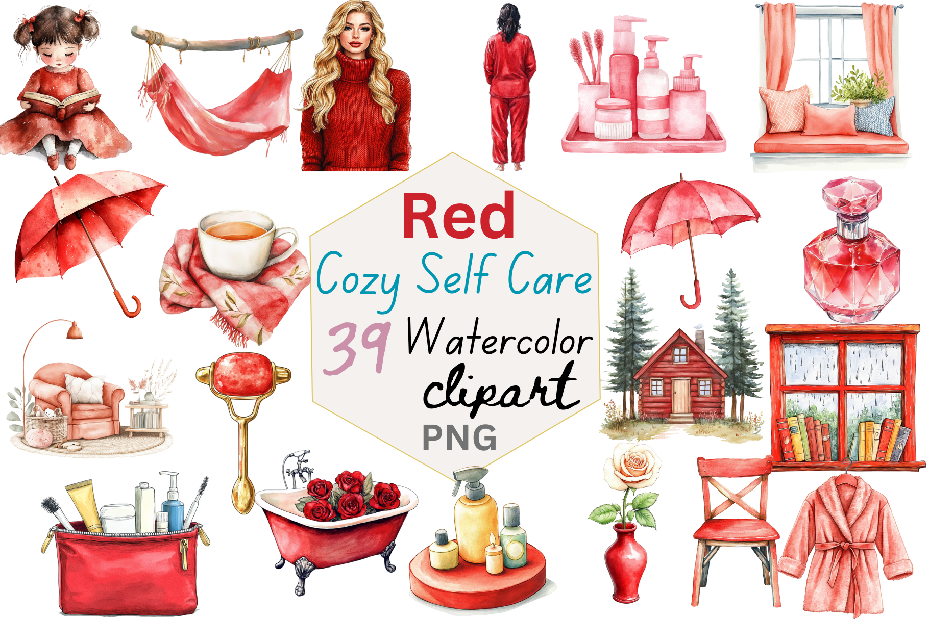 Watercolor Red Cozy Self Care Clipart Graphic by DreamyDesignsCoIN ...
