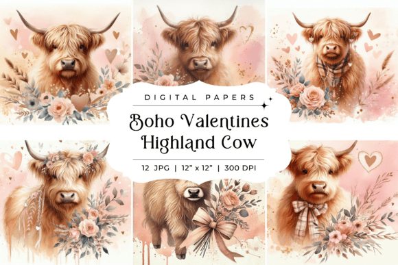 Boho Valentines Highland Cow Backgrounds
