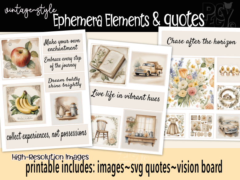 Vintage Ephemera Vision Board Set & SVG