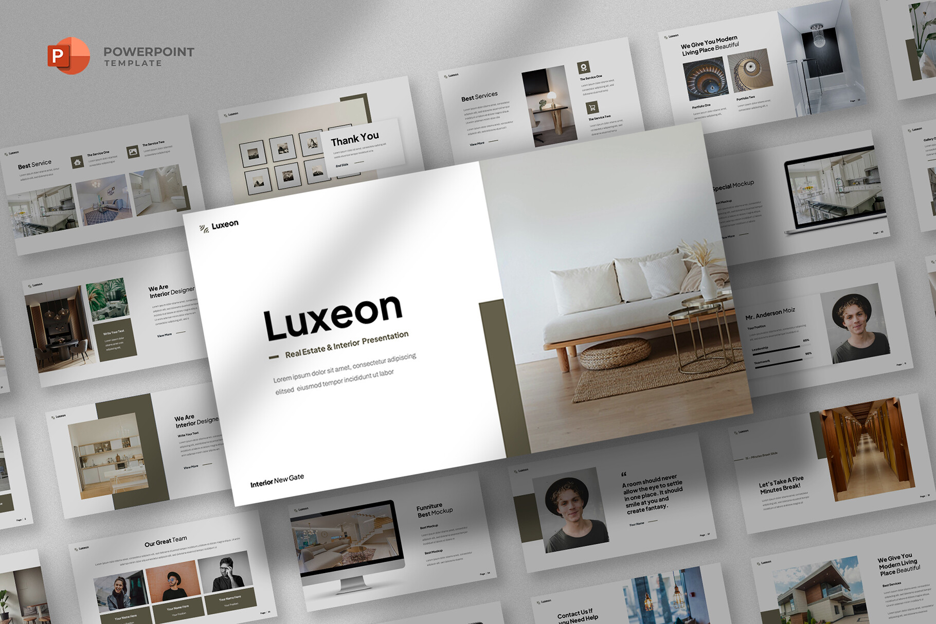 Plantilla de PowerPoint de Bienes Raíces y Diseño de Interiores Luxeon