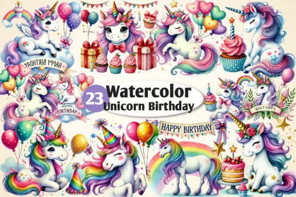 Watercolor Unicorn Birthday Clipart
