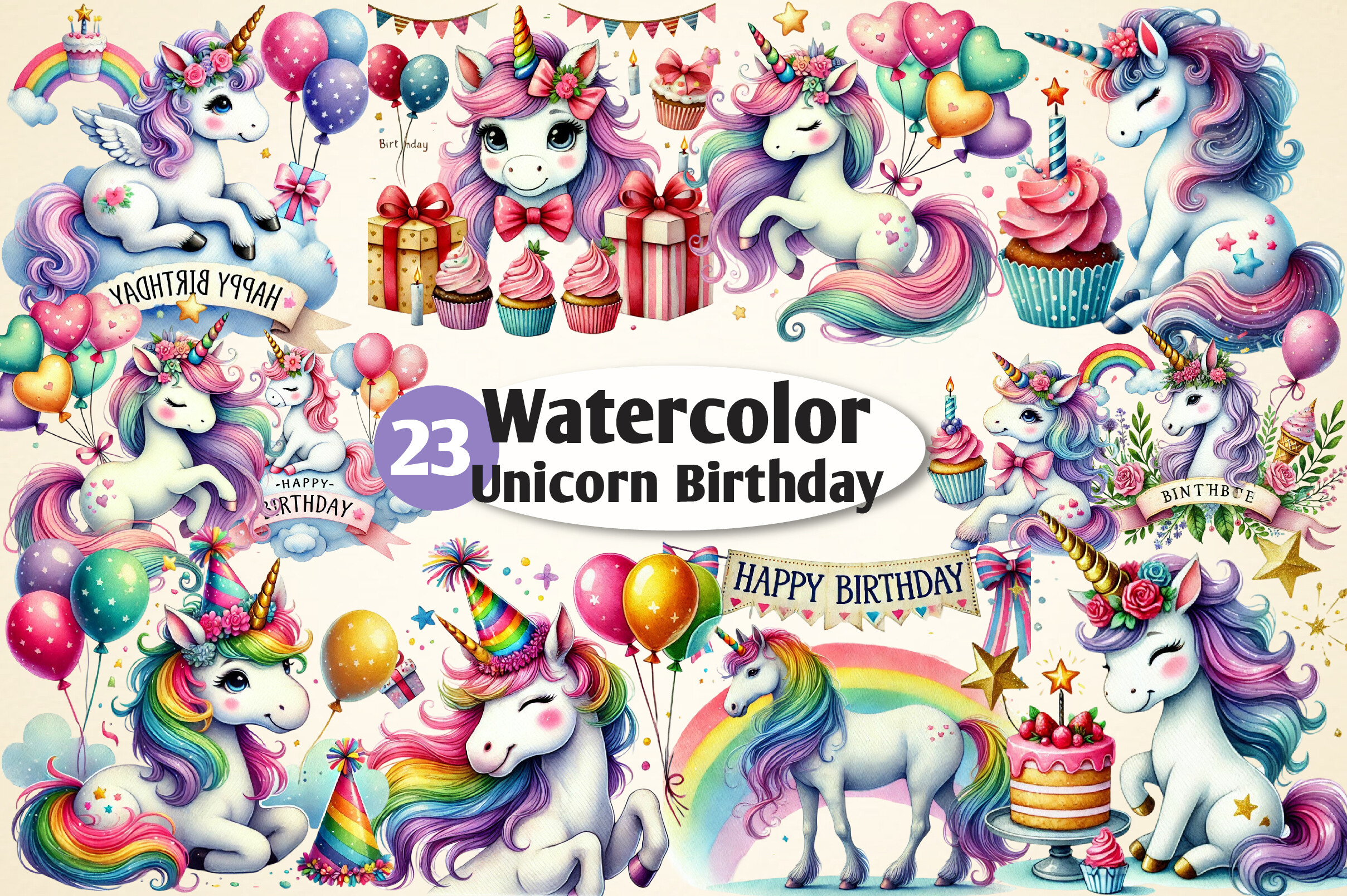 Watercolor Unicorn Birthday Clipart