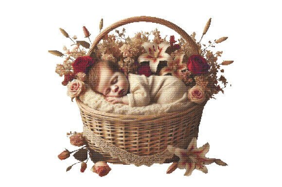 Sleeping Baby in Floral Basket