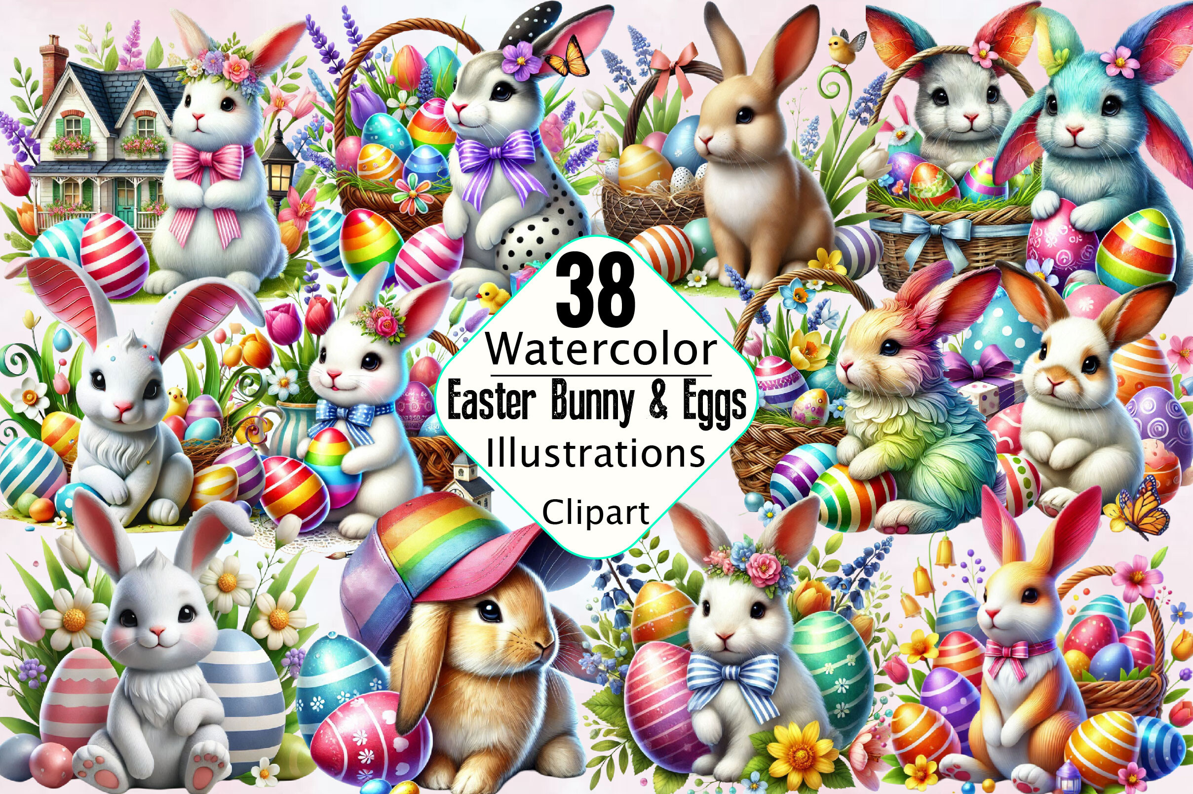 Watercolor Easter Bunny & Eggs Clipart Graphic by SVGArt · Creative Fabrica
