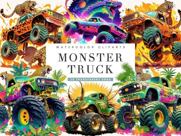 Watercolor Monster Truck Clipart Bundle