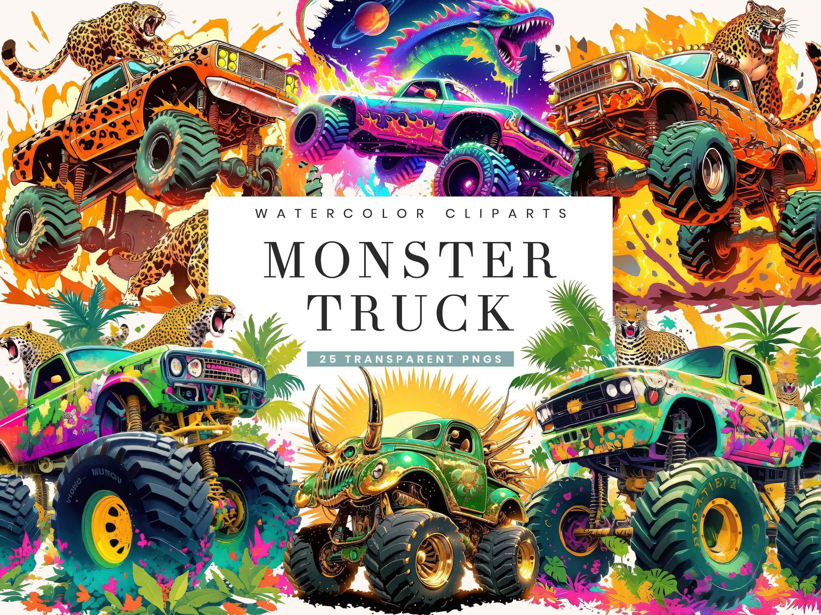 Watercolor Monster Truck Clipart Bundle