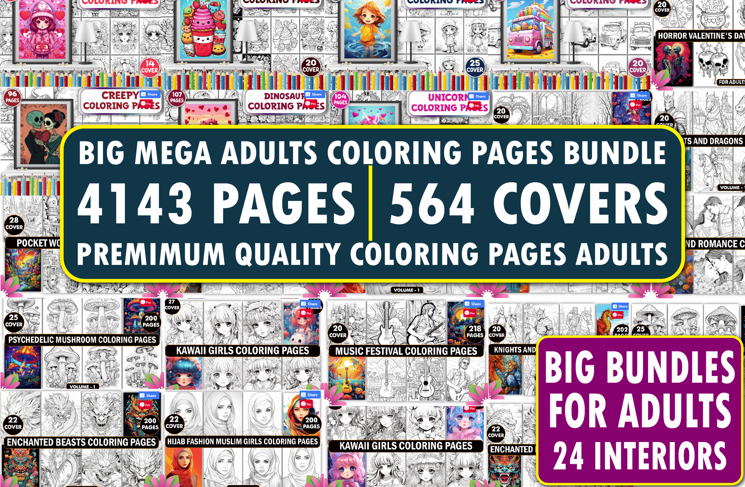 4143 Mega Adults Coloring Pages Bundle