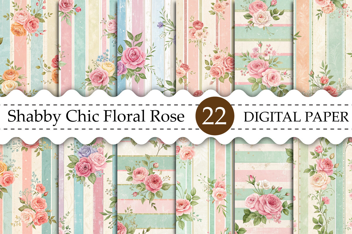 Shabby Chic Floral Rose Stripes Papers