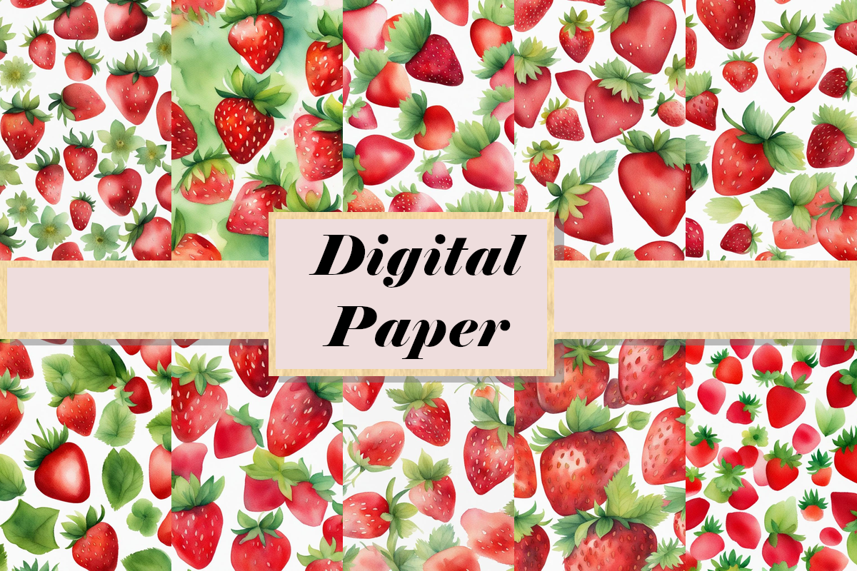 Watercolor Strawberry Art Digital Paper Graphic by Beyond The Bird ...