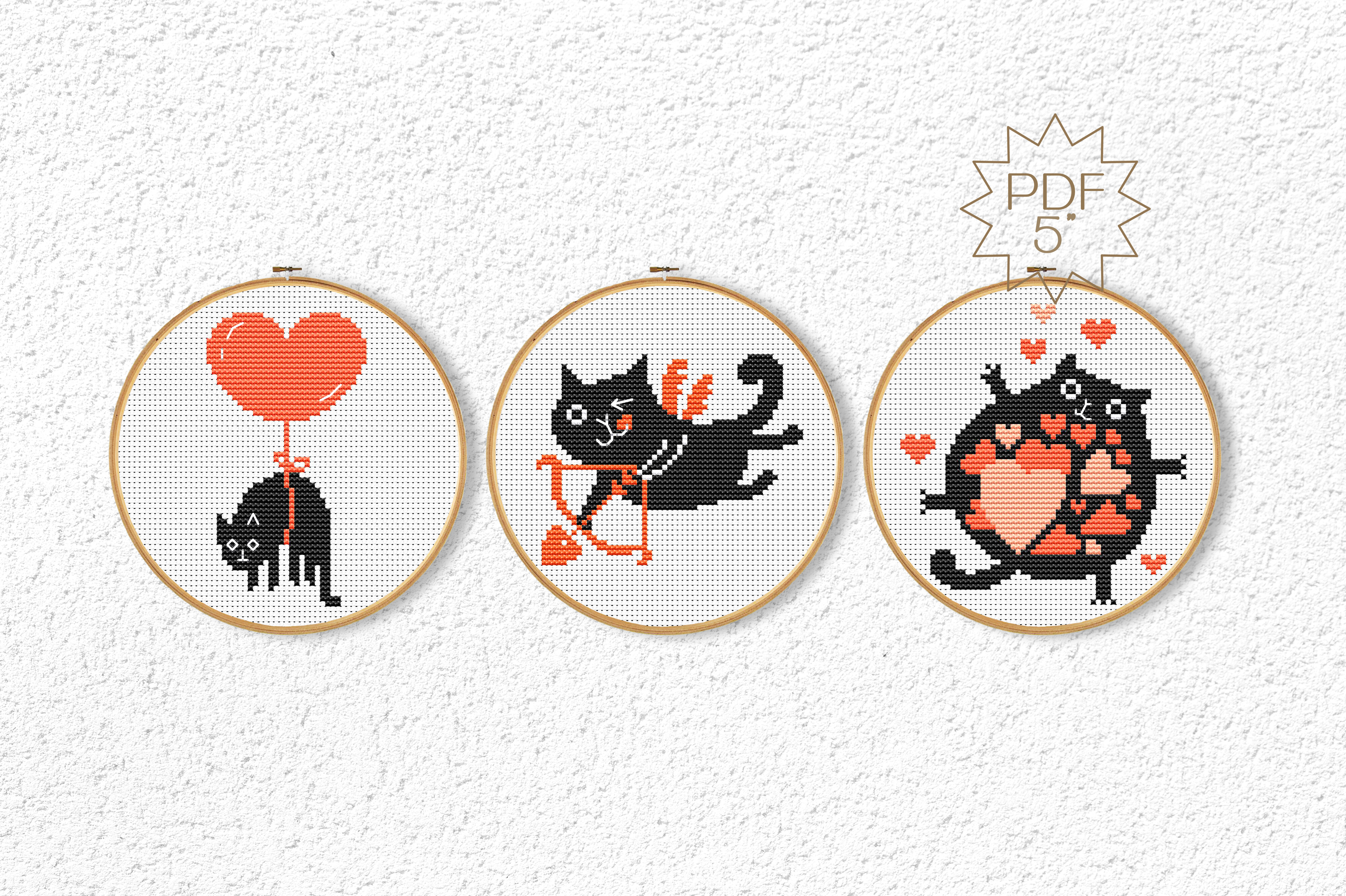 3 Valentine's Cats Cross Stitch Patterns