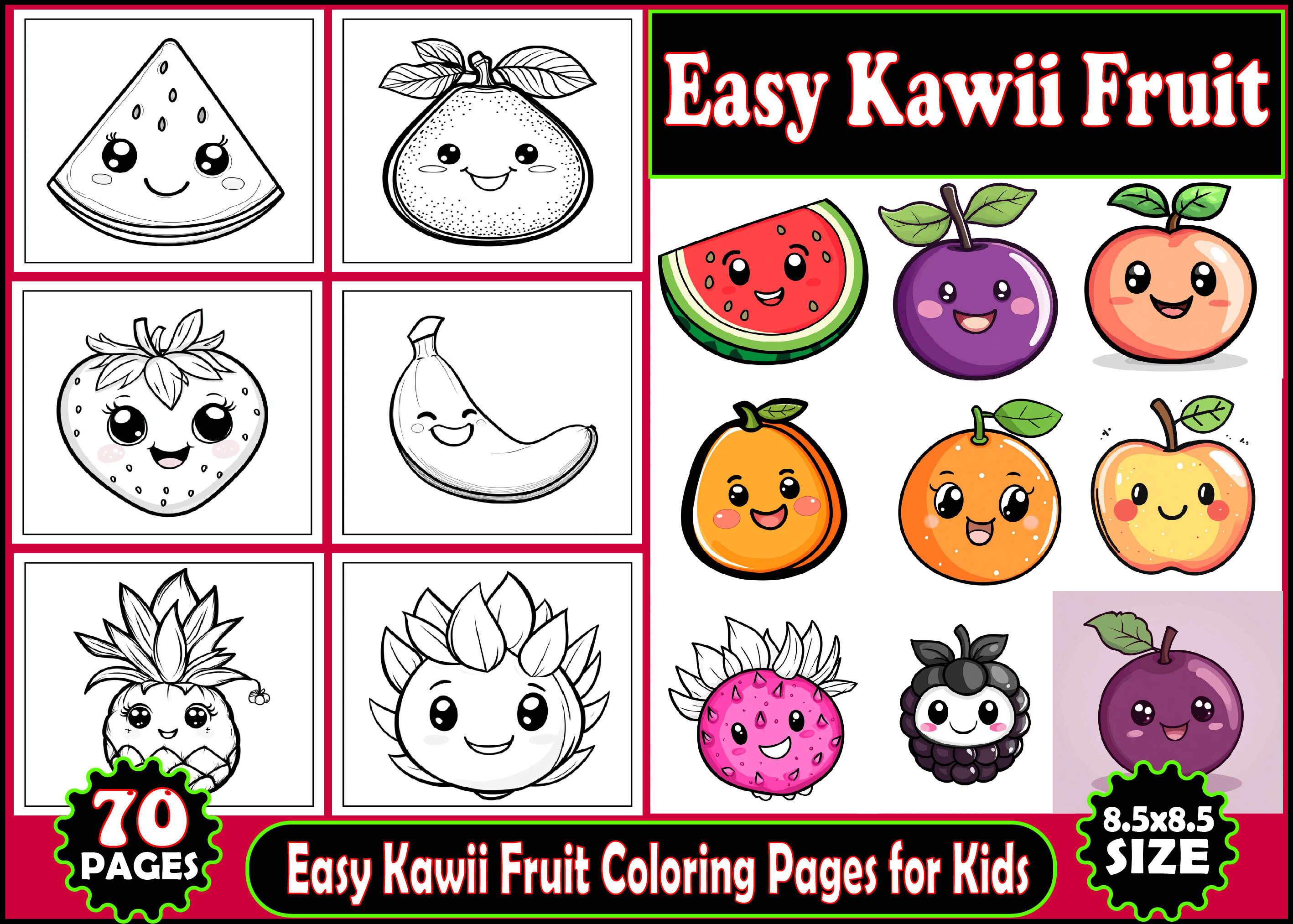 Easy Kawii Fruit Coloring Pages for Kids