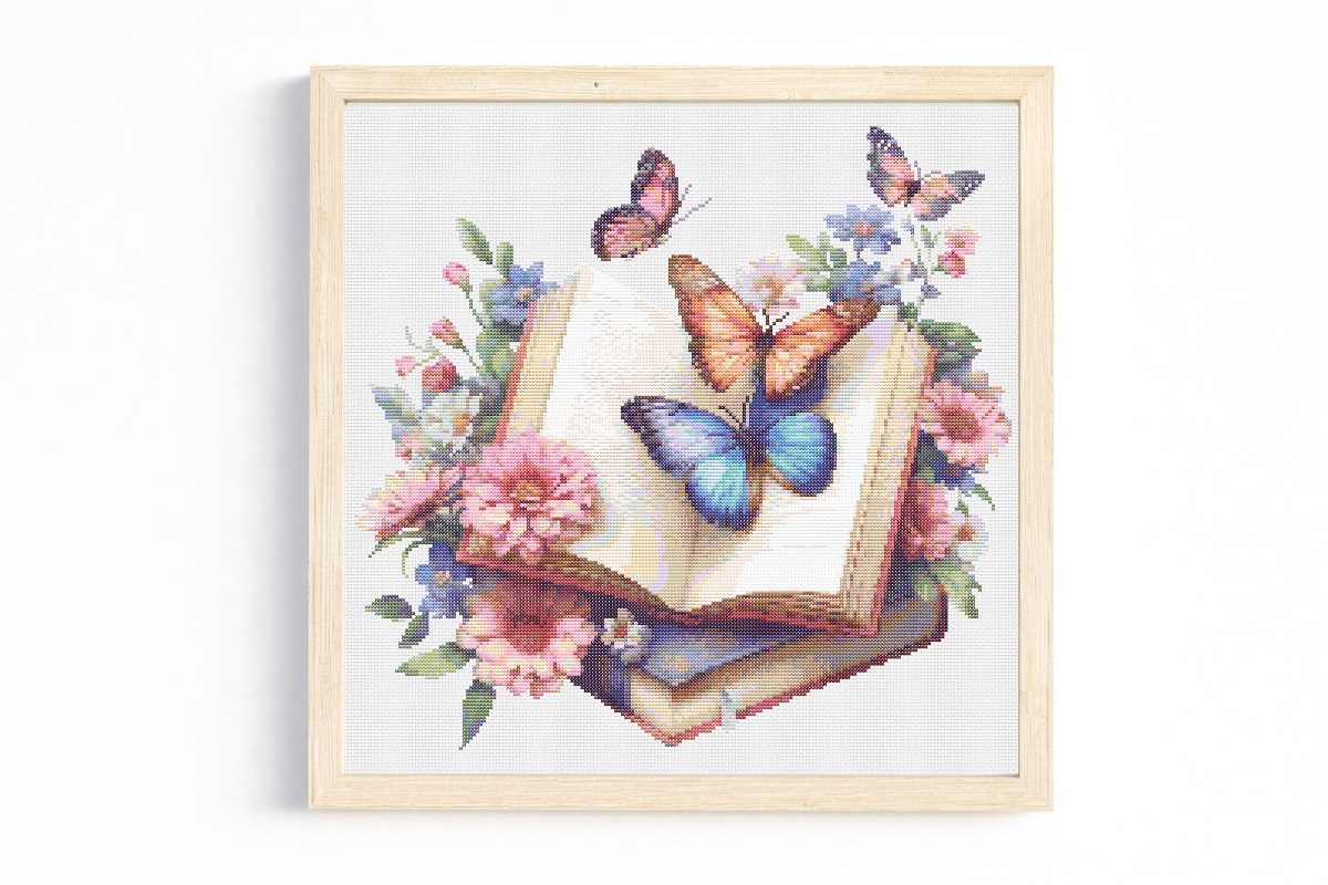 Open Book with Flowers and Butterflies