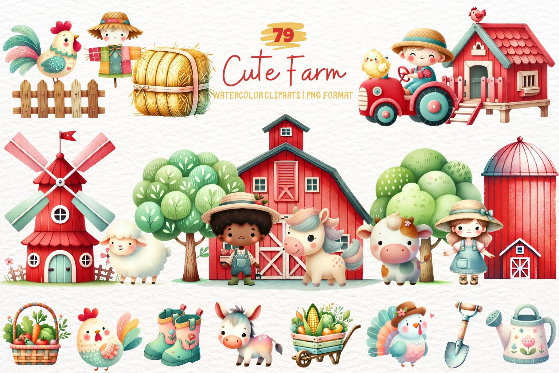 Cute Watercolor Farm Clipart PNG Bundle Graphic by SugarCloudStudioArt ...