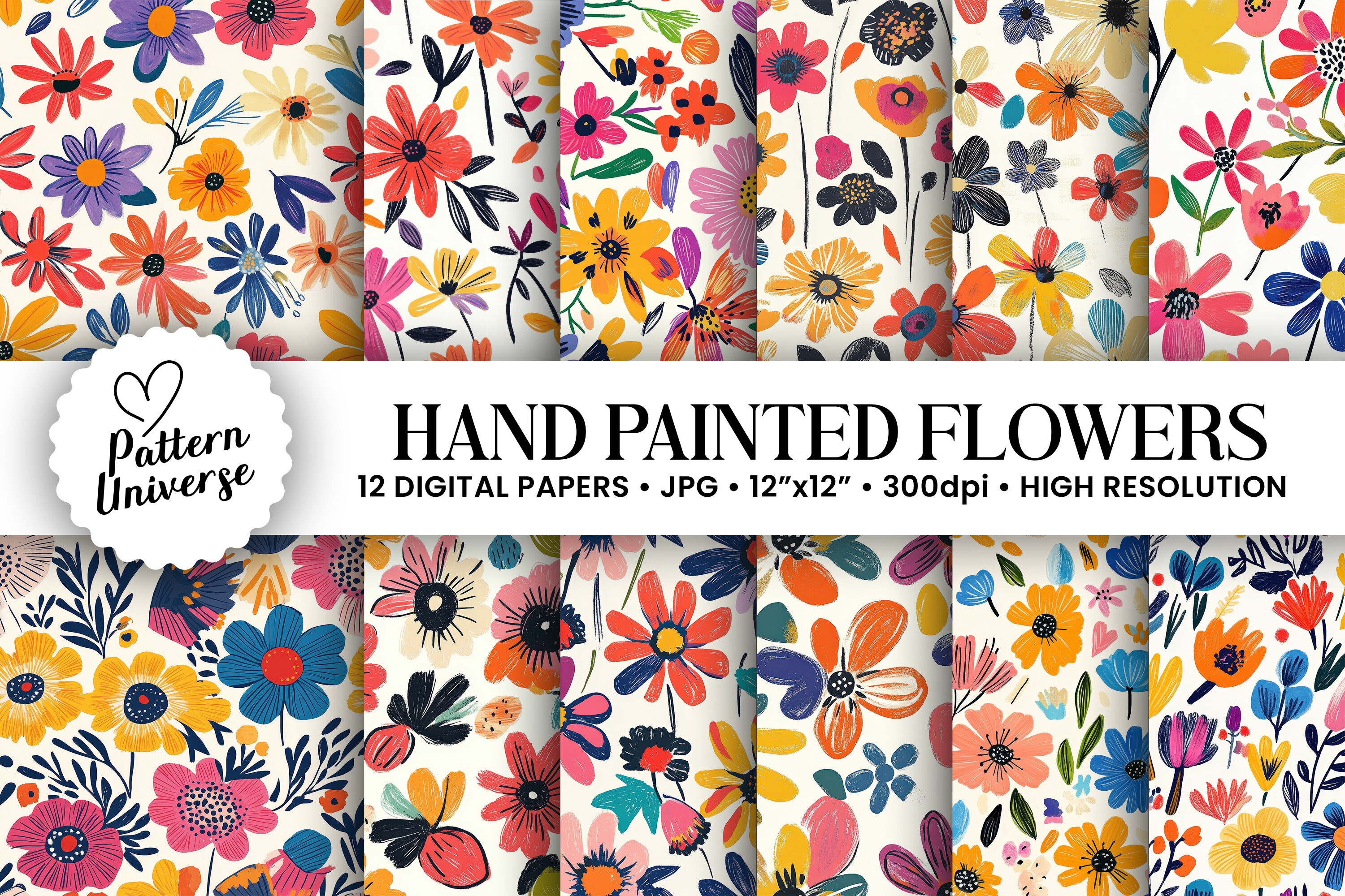 Hand Painted Flowers Digital Papers Graphic by Pattern Universe ...