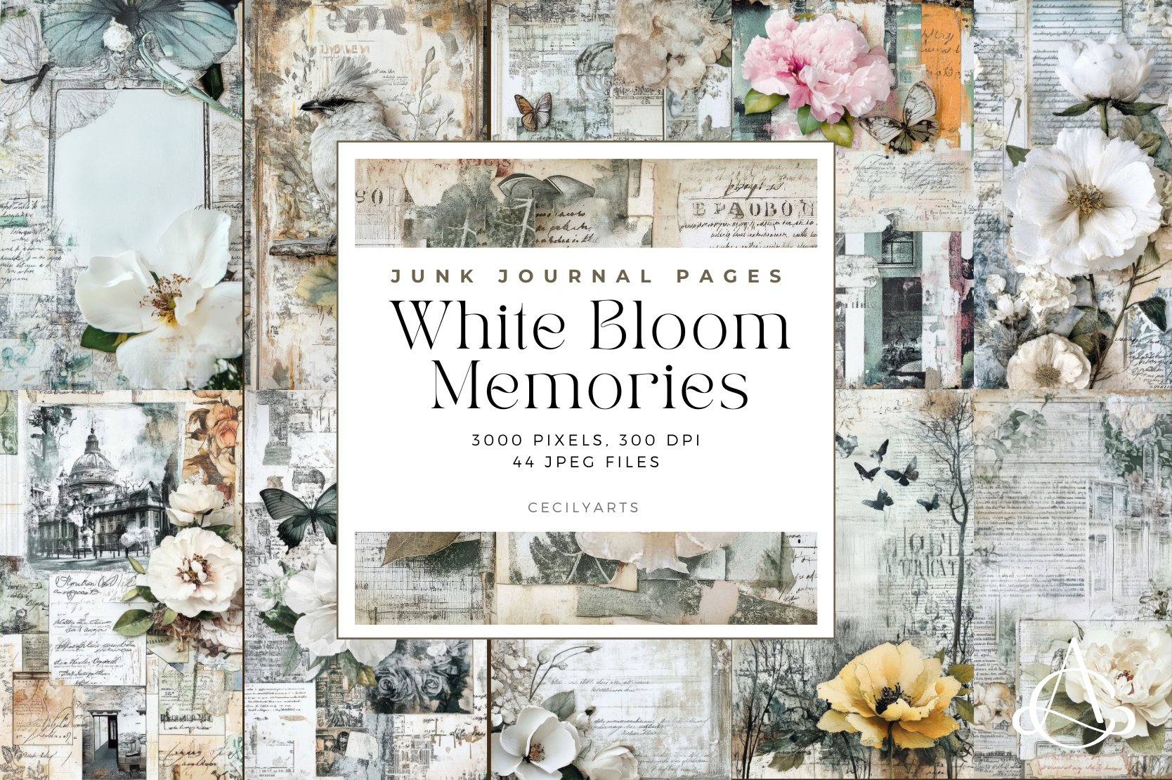 White Bloom Memories Junk Journal Pages Graphic by Cecily Arts ...
