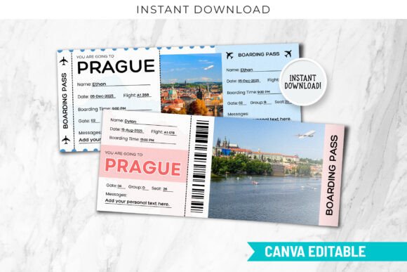 Prague Boarding Pass Canva Templates