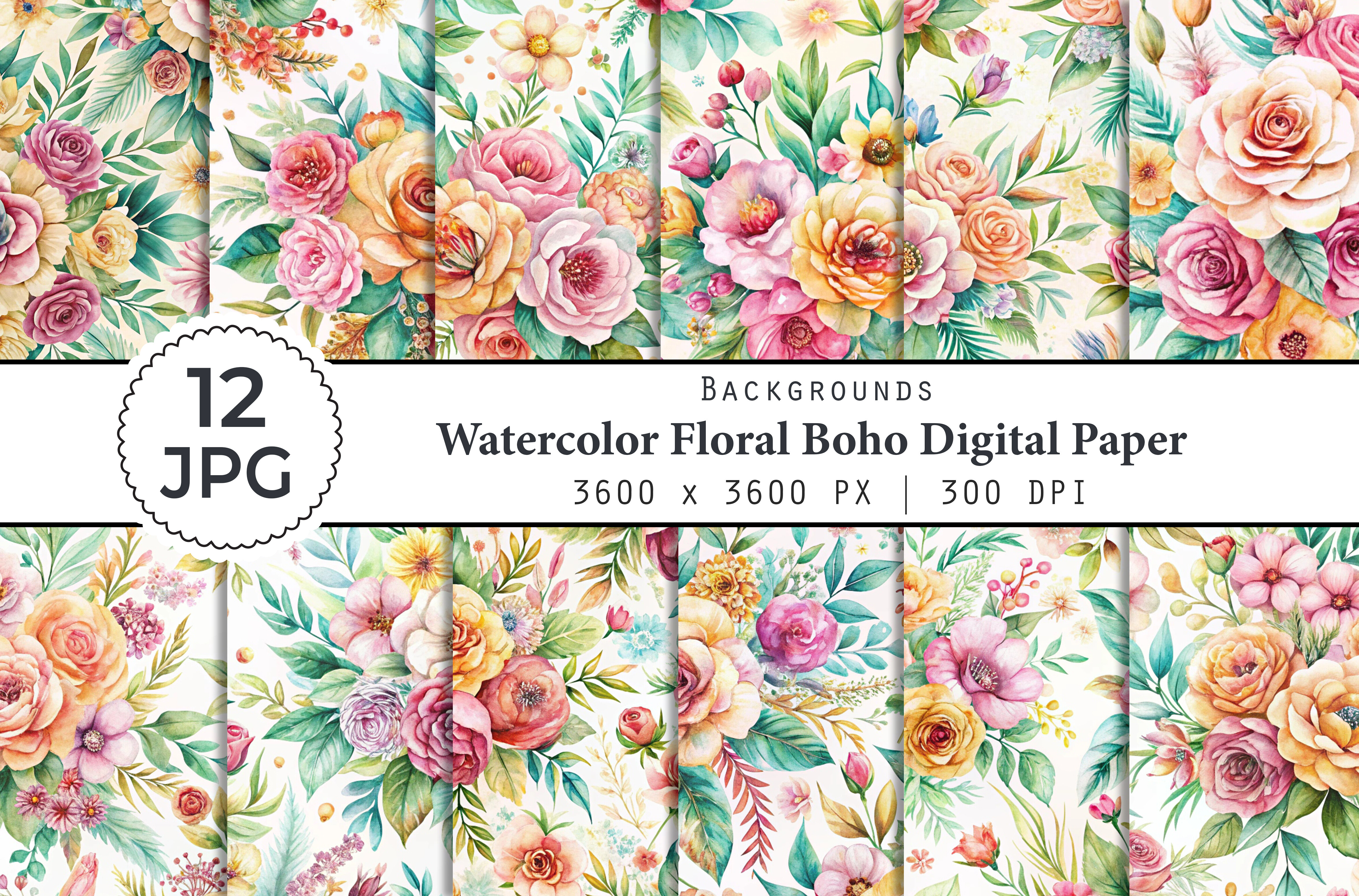 Watercolor Floral Boho Digital Paper Graphic by Digital Creative Studio ...