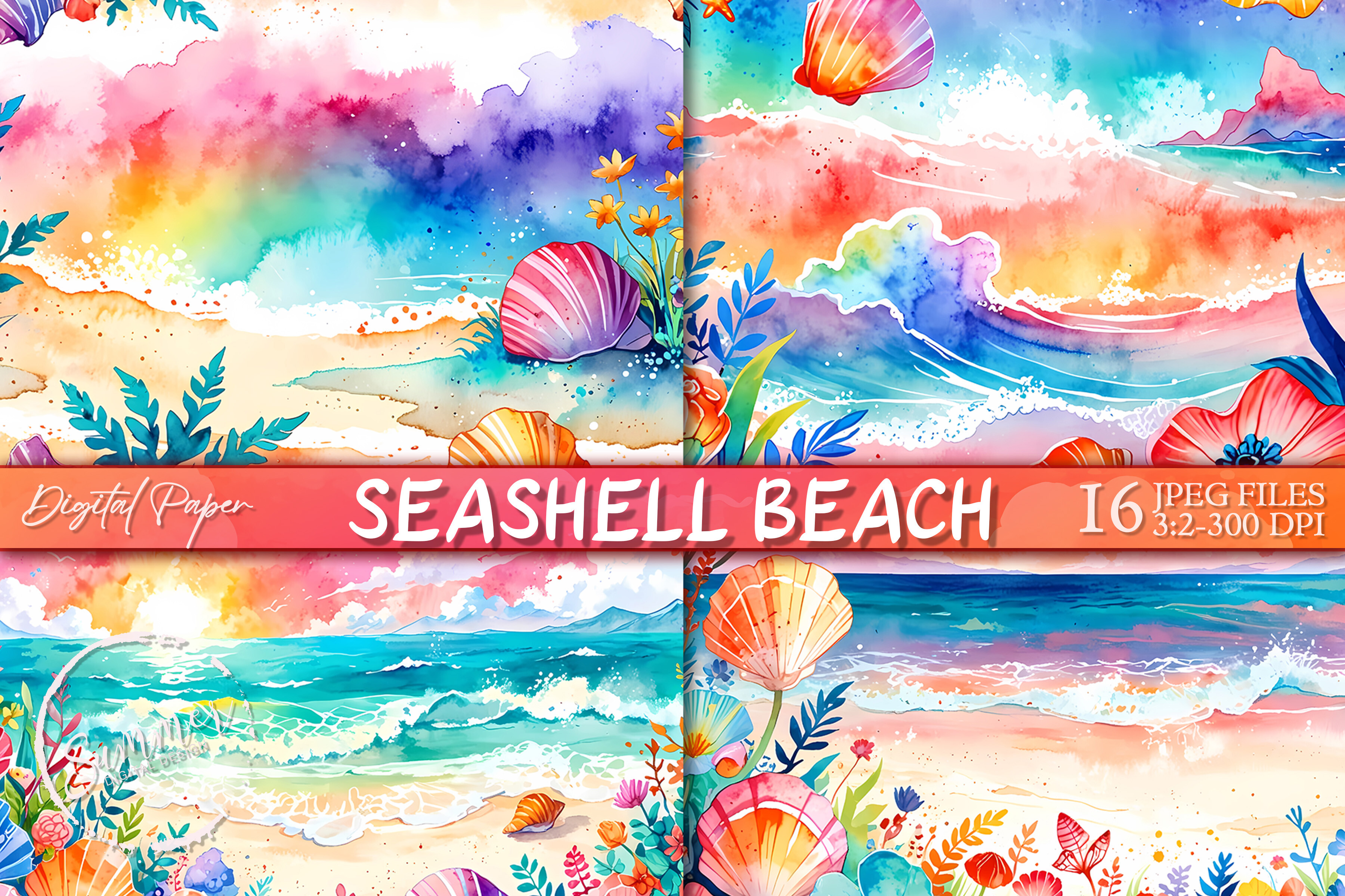 Boho Seashells Beach Watercolor Paper Graphic by Summer Digital Design ...