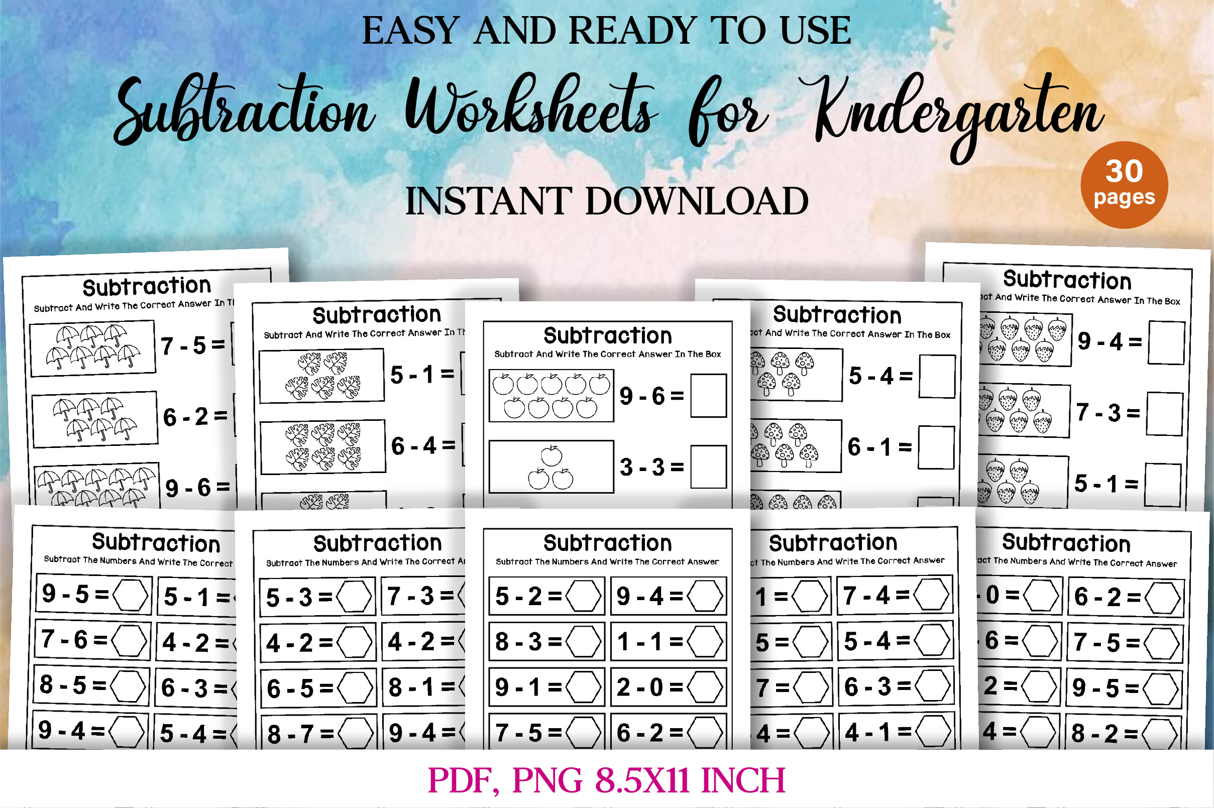 Subtraction Worksheets for Kindergarten cover