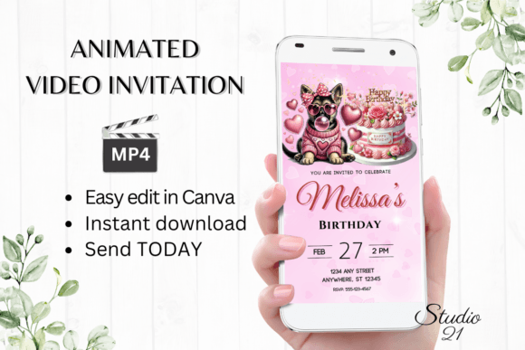 Cute Girl and Dog Birthday Party Invite