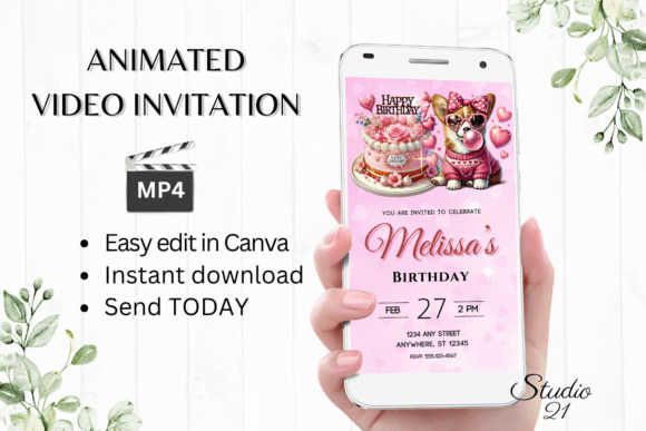 Cute Girl and Dog Birthday Party Invite