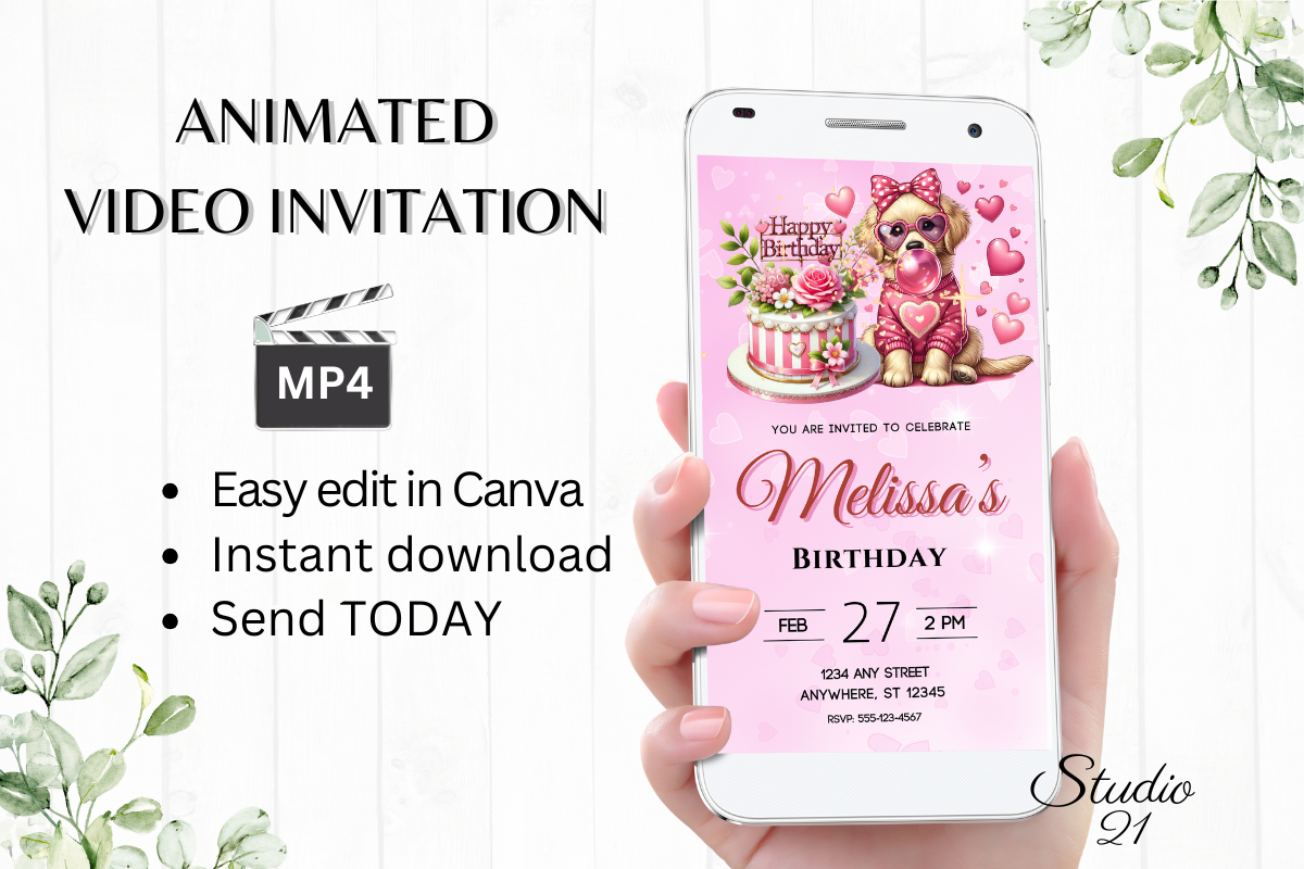 Cute Girl and Dog Birthday Party Invite