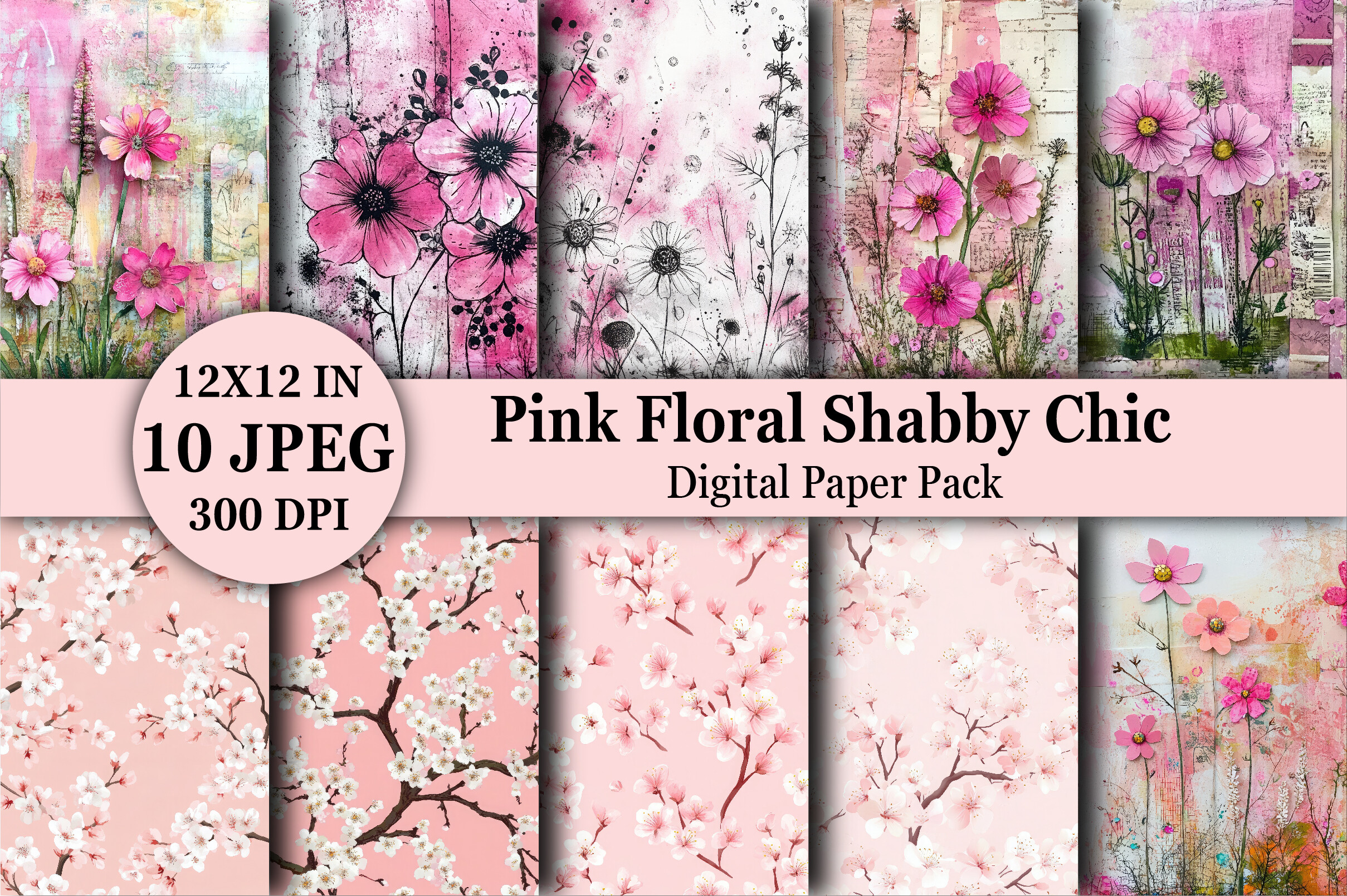 Pink Floral Shabby Chic Digital Paper