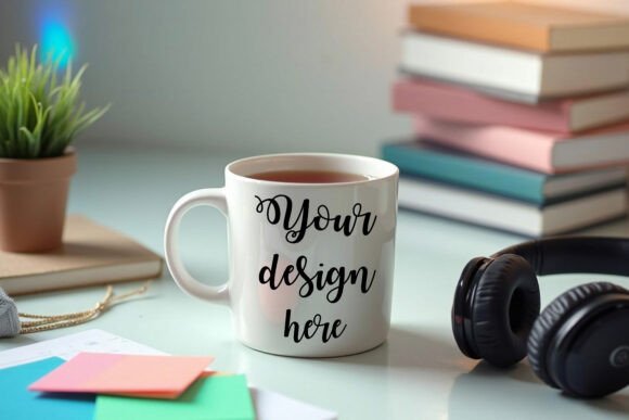 White Coffee Mugs Mockup On A Table Graphics