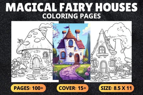 MAGICAL FAIRY HOUSES Coloring Book Page