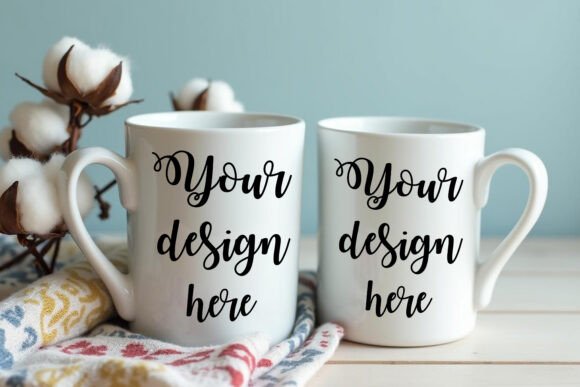 Two White Mug On Beautiful Background Graphics