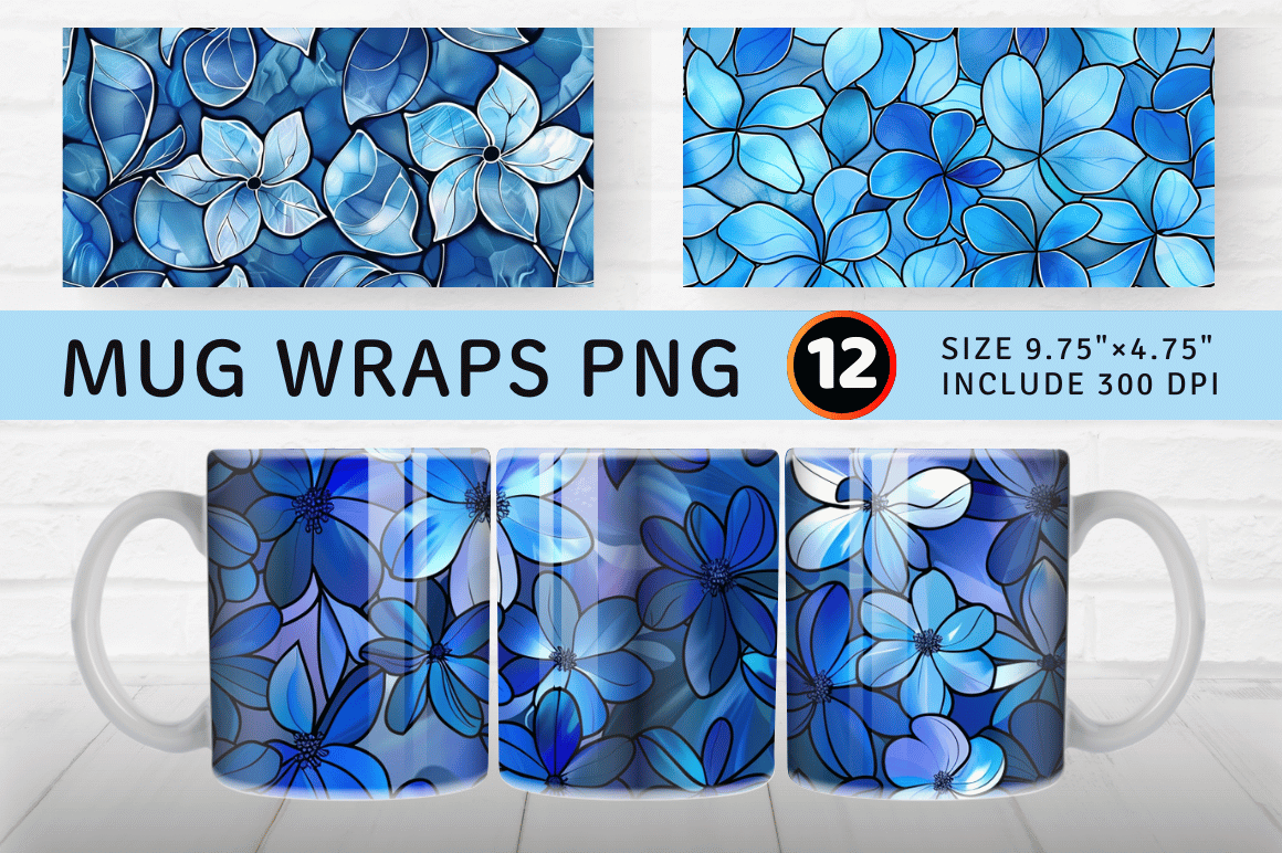 Blue Stained Glass Floral Mug Wrap Graphic by AKDestiny · Creative Fabrica