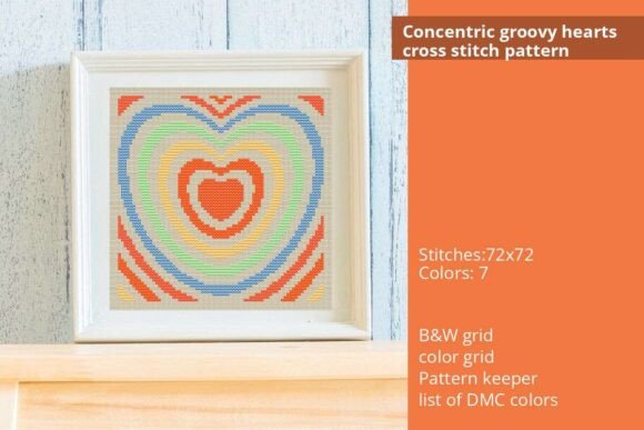 Concentric Groovy Hearts Cross Stitch