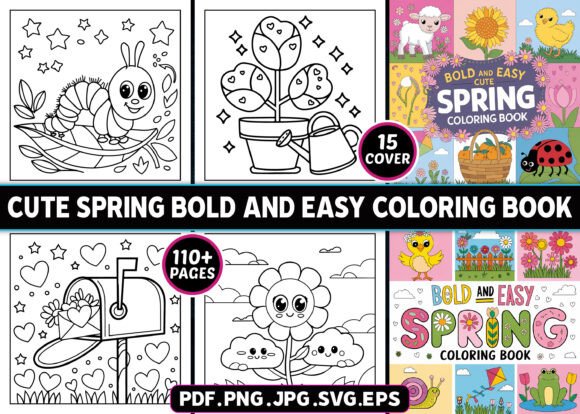 1 Cute Spring Bold And Easy Coloring Book Designs & Graphics