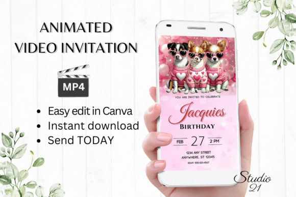 Girl Birthday Invitation with Cute Dogs