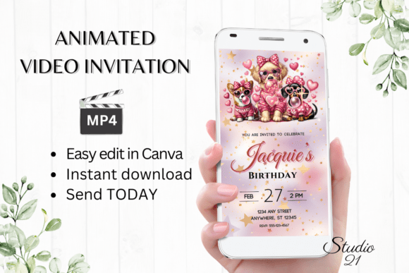 Girl Birthday Invitation with Cute Dogs